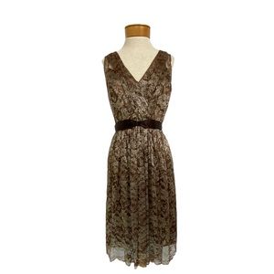 BCBGMAXAZRIA Dress 12 Brown Floral Lace Fairy V-Neck Pleated Zip Back